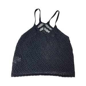 MNG Mango Women Navy Blue Crochet Knit Halter Top Open Knit Scalloped Hem Medium
